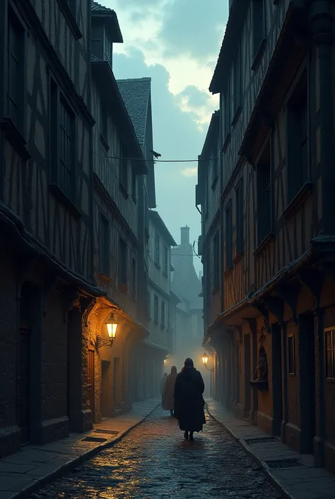 Lonely street in Paris in medieval times in the evening 