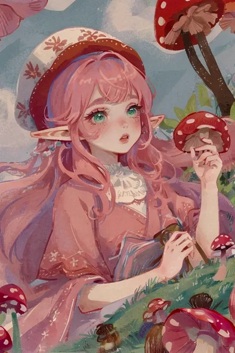 (high quality) (best quality) (a woman) (correct physiognomy) (perfect students) (perfect eyes) young elf woman with blue-green eyes, long pink hair, pink eyelashes and eyebrows, hat made of red mushroom RED, and red Lolita-style dress with red mushroom RE...