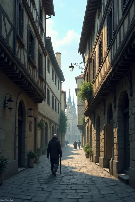 Lonely street in Paris in medieval times in the afternoon around 3pm 