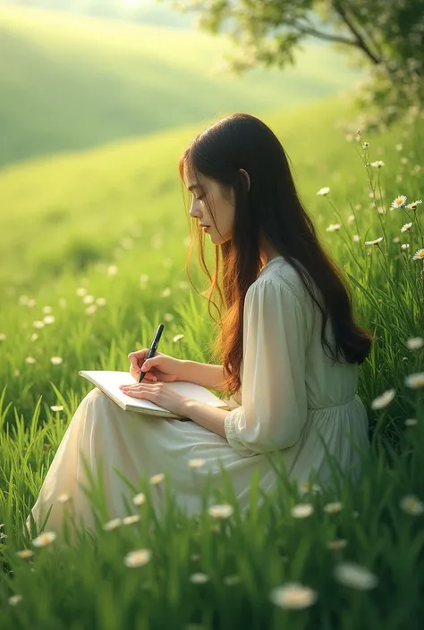 A beautiful girl with long straight hair wearing a white dress sits and writes in a grass field.