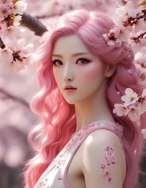 ,4K,8K,high resolution,masterpiece:1.2),Extremely detailed,Practical,photoPractical:1.37,This creature, A terrifying fusion of a cherry blossom tree and a human female. The upper body retains the distinct characteristics of a woman., Although distorted by ...