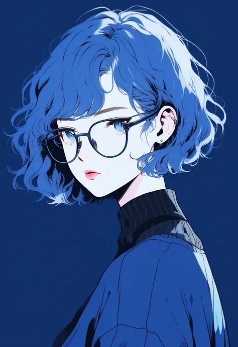 (best quality, sketch:1.2), realistic, illustrator, anime, 1 girl, 30-year-old, alone, thin, slender, small breasts!!!, short hair, bob cut, curly hair, different hairstyles, thin, slender, detailed lips, sweater, custom, blue gradient background, neon hai...