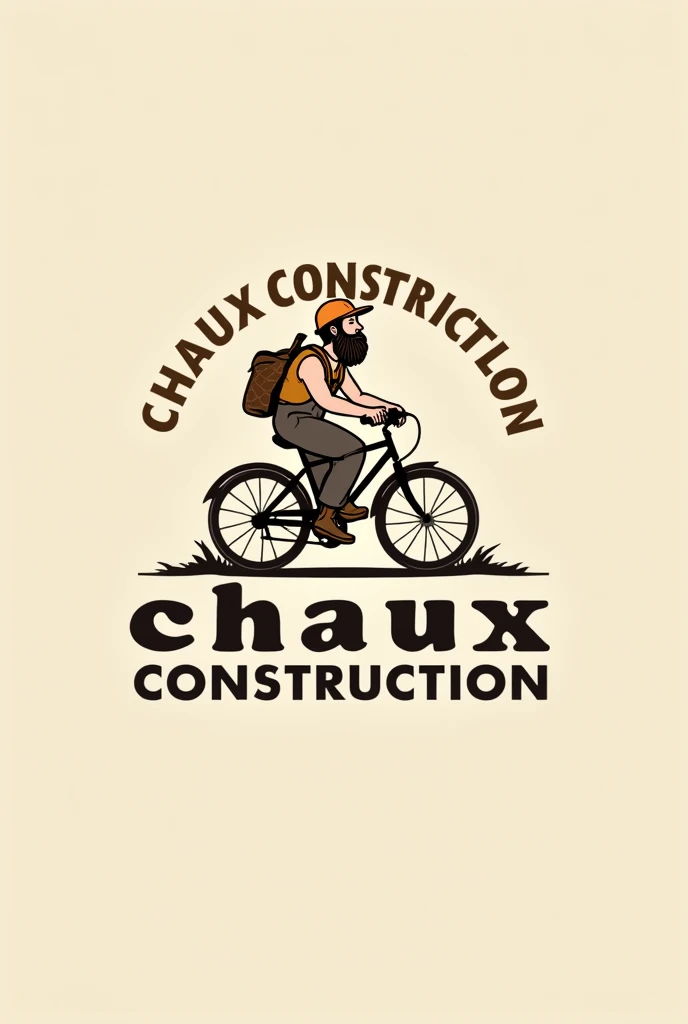 Create a logo with Chaux-Construction text featuring a bearded man dressed as a builder on a bicycle with a bag on his back