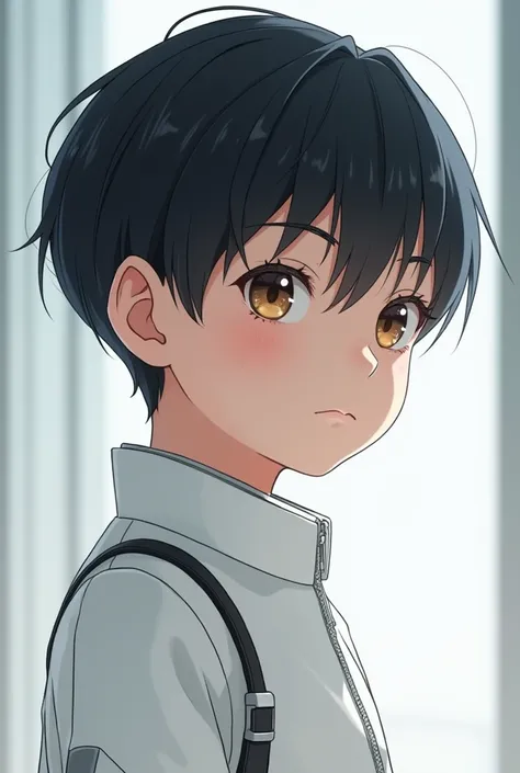 The image of a boy with black hair , with brown eyes , 4K anime style, dressed in white in teaje with a futuristic style,