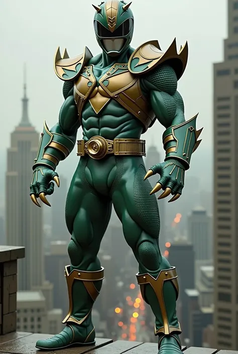 Detailed picture of a male olive green power ranger that uses a crocodile as a motif, A helmet obscures their face, no cape, many fangs on his hands, taking a fighting pose on the building, alone