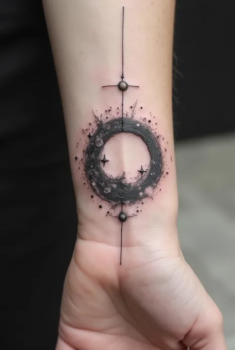 A tattoo design located on the wrist and down to one of the fingers creating a ring and in the course having details of the universe missing the ring and the design is pure black lines . I need you to create a continuation of that design until you create a...