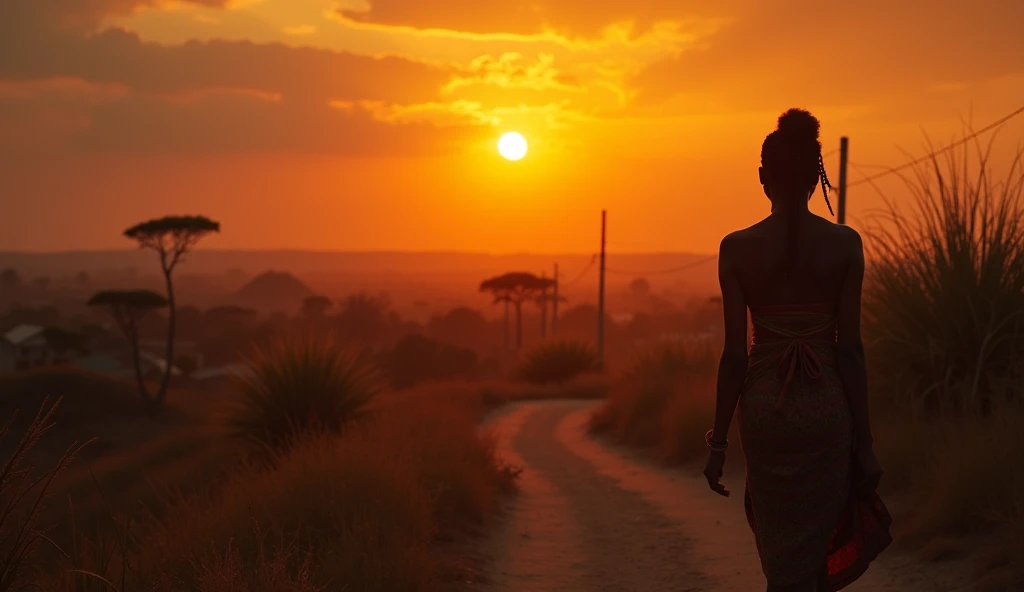 Akosua walking away from the kingdom under a setting sun, leaving the village behind.
