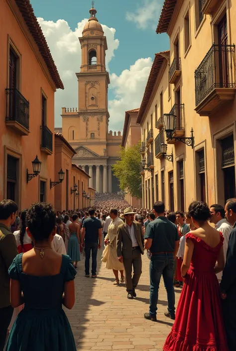 The streets of Cordoba , Argentina today , where there are people waiting to enter the dance hall to see the Mona Jimenez show . Renaissance painting style. 
