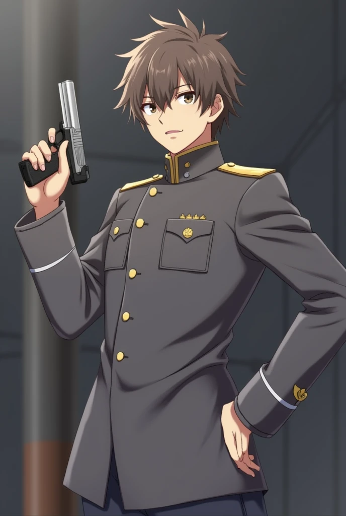 The image shows a male character dressed in a military uniform. He has messy brown hair., and is holding a pistol in his right hand. The uniform is dark in color, with gold details, including badges and a pin. The character appears to be in a confident pos...