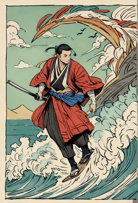 Japanese samurai in kimono surfing the Ecuadorian coast