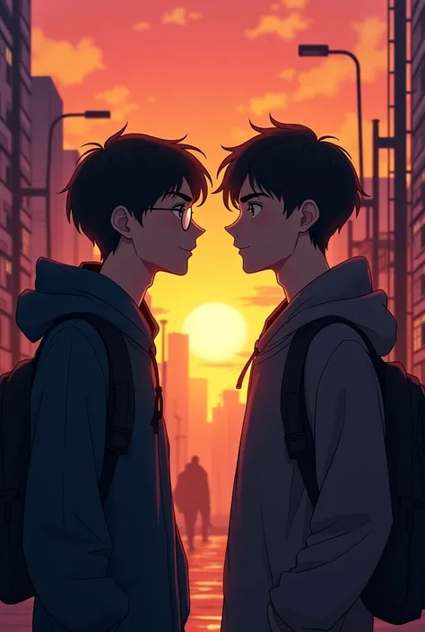 Two 20-year-old boys looking at each other, one of the boys is wearing glasses and the other is not wearing glasses. Behind them there is an urban landscape with a sunset. 