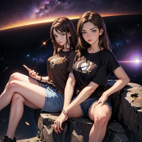 beautiful woman Brown hair, purple eyes, wears a light brown t-shirt and shorts. sitting on a meteorite Behind is a vast universe. that is being sucked into a black hole