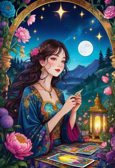 Tarot Cards, beautiful, a girl reading Tarot Cards,Smiling girl,beautiful細部,Detailed lips,Tarot Cards,Ancient Tarot Decks,illustrated Tarot Cards,Vibrant colors,Mysterious atmosphere,Magic Garden,Flowers Bloom,moonlight,Night Sky,Soft Glow,Artistic Oil Pai...