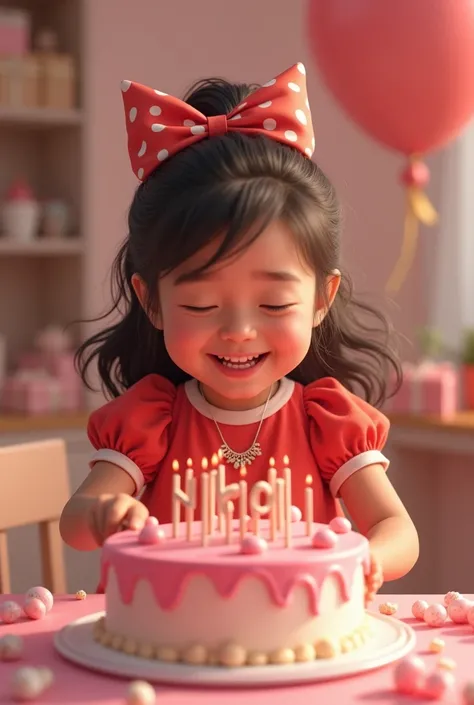 A birthday girl in a red frock and a pink cake
Girl is cutting cake