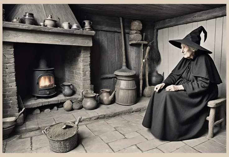 An old woman with a big aquiline nose, the old woman is a witch, an ugly face, a pointy chin, the old woman has a witchs wand, the old woman has a big black witchs hat, inside the witchs house, on the dirt floor, by a big black hearth,fireplace,