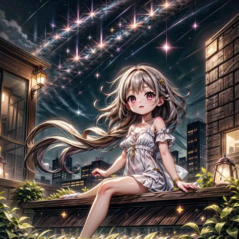 1girl,cute and unique,💛、magenta、sitting on the roof of a skyscraper and gazing at the stars