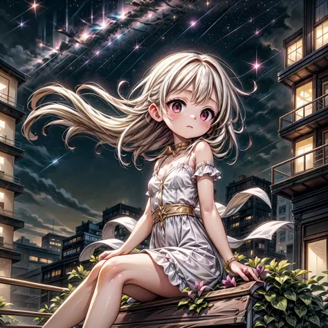 1girl,cute and unique,💛、magenta、sitting on the roof of a skyscraper and gazing at the stars