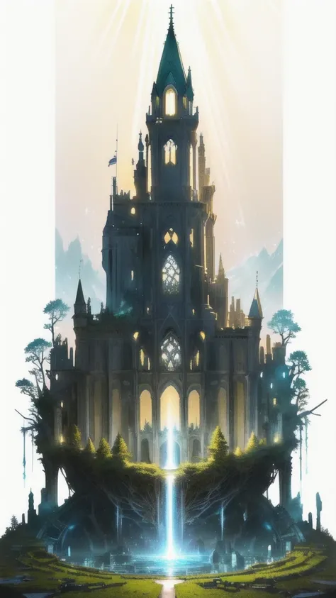 A ray of light shines into the darkness, A ruined castle is depicted in detail、Submerged City、Detailed Ruins、Anime Style、Picture book style、Fantasy、A forest trapped in a glass ball、Fairy、White light、Flower Field、The White House、（A world trapped in a large ...