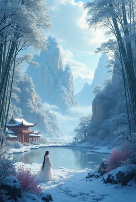 (tmasterpiece),（ultra - detailed：1.3），Best quality，(Sparkling: 1.2), (Winter wonderland in fantasy mythology: 1.4), ((Fresh, chill, mountains, white mist, , vastness, bamboo forest, frost flowers, diamonds, breeze, bamboo leaves, sounds of nature, lake, An...