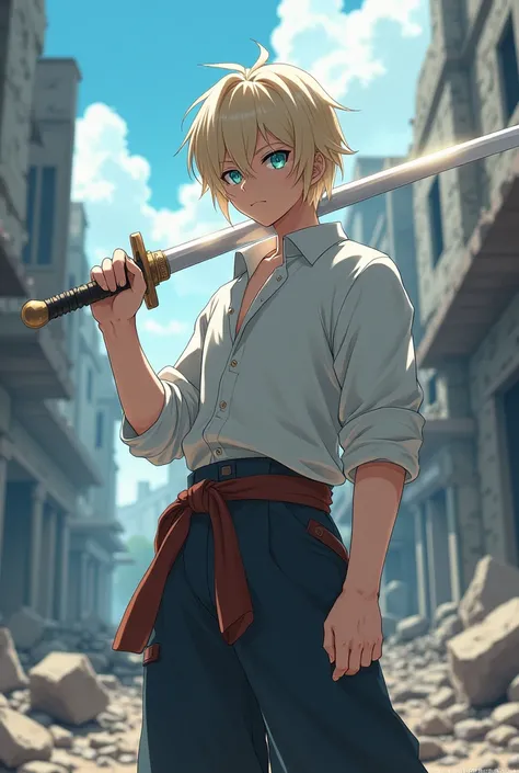 Highest quality、university student、Cream colored hair、Light blue eyes、Calm、Strongest Swordsman、Standing in a ruined town、Anime Style、Photograph the upper body