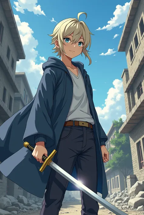 Highest quality、university student、Cream colored hair、Light blue eyes、Calm、Strongest Swordsman、Standing in a ruined town、Anime Style、Photograph the upper body