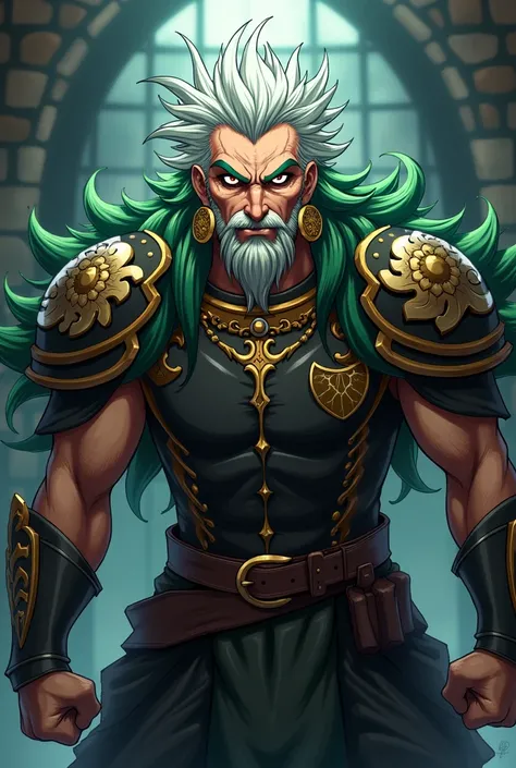 anime. Adam as a servant of FATE/grand order of the berserker class being a 60 year old man. Wearing black armor and gold earrings. with green and white hair. Feeling angry. 