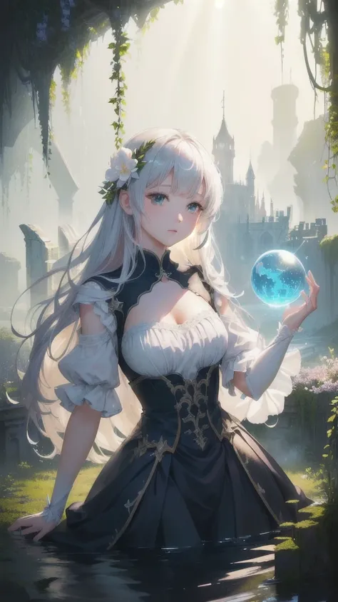 A ray of light shines into the darkness, A ruined castle is depicted in detail、Submerged City、Detailed Ruins、Anime Style、Picture book style、Fantasy、A forest trapped in a glass ball、Fairy、White light、Flower Field、The White House、（A world trapped in a large ...