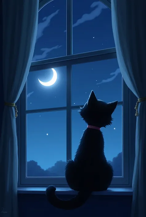 sailor moon cat watching the moon through the apartment window