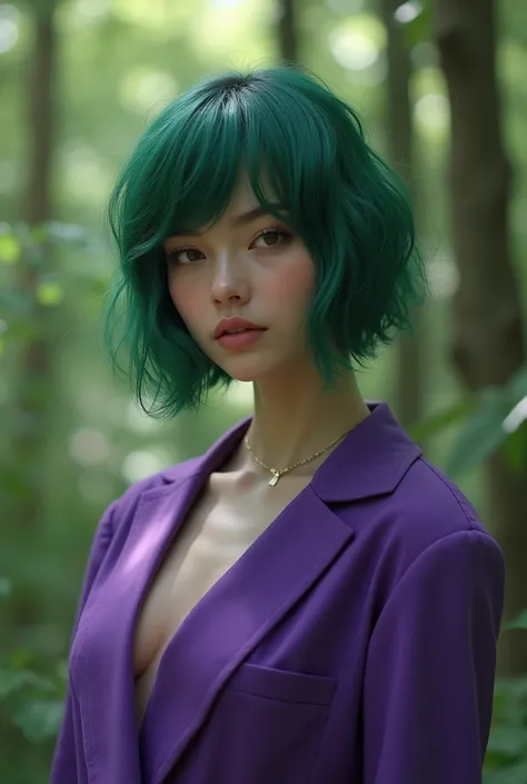 ratte867, 1girl, solo, (forest green hair:1.2), Asymmetrical haircut, (violet clothes:1.2) masterpiece, best quality, photorealistic, realistic, (RAW photo, 8k uhd, film grain), caustics, subsurface scattering 