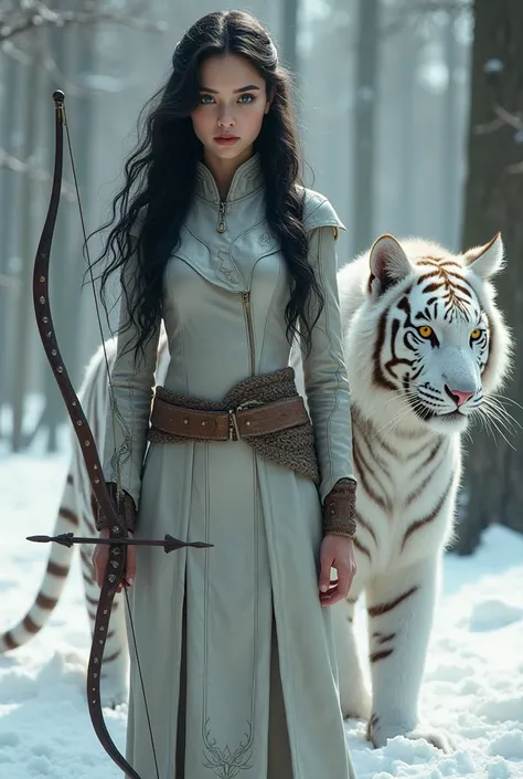 Young woman with long wavy black hair, green eyes, holding bow and arrow, in light gray leather uniform in snowy forest, with a large white tigress with yellow eyes at her side