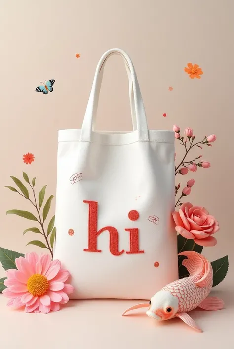 White cloth bag with the letters HI, a carp, a hotel, and pink chrysanthemum flowers.