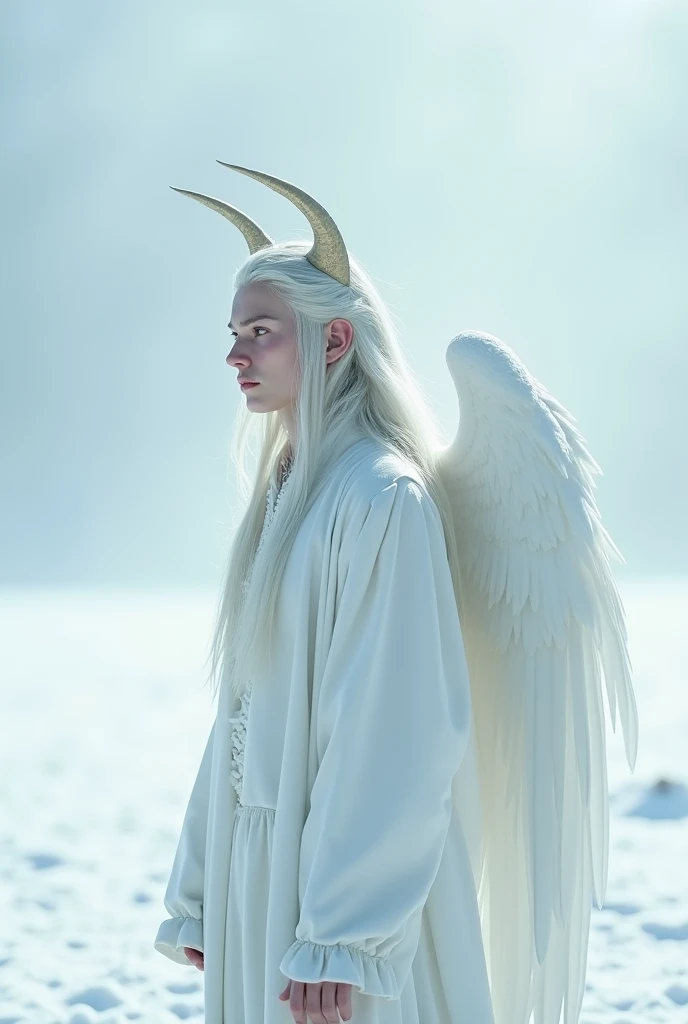 Man, snowy field, horns, white hair, long hair, expressionless, blush, white clothes, blue eyes, white wings, side