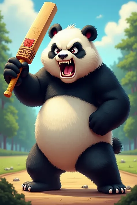 Agressive cartoon panda with cricket bat
