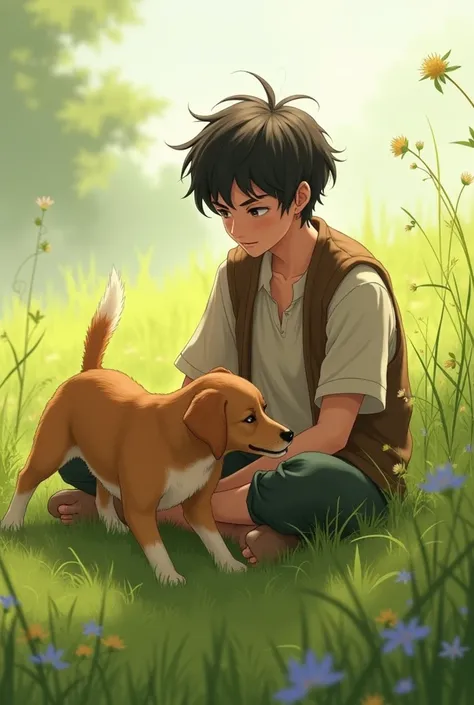 A young man with black hair sits and plays with a dog in a meadow.