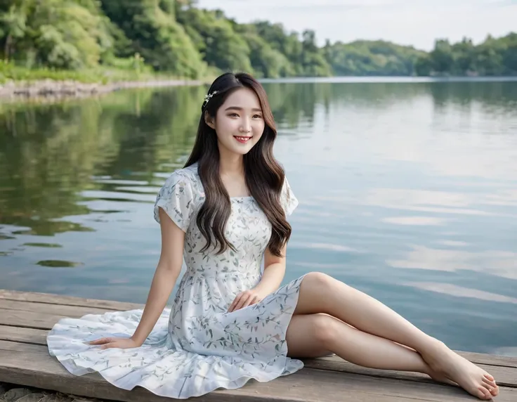 Create a realistic drawing of a 20-year-old young Korean woman sitting by a calm lake, similar to the image provided. The woman should have long dark hair, wearing a light-colored dress with small patterns, sitting with her legs slightly bent and hands res...