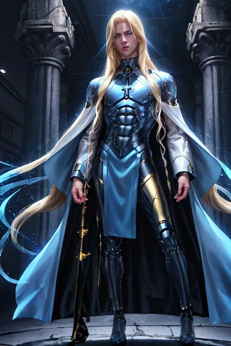 (masculine) (man) (Blonde hair) (Blonde hair muy largo que llega hasta los talones) (hair down to the heels) (android parts) (blue eyes) (blue eyes brillantes) (man androide) Her hair is long and blonde, has blue eyes, He wears a black tunic with some red ...