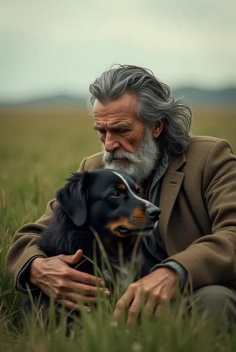 A black-haired older man sits with his dog in a grassy field.