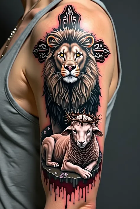 Tattoo of a lion along with a lamb with a bloody crown of thorns next to a realistic cross 