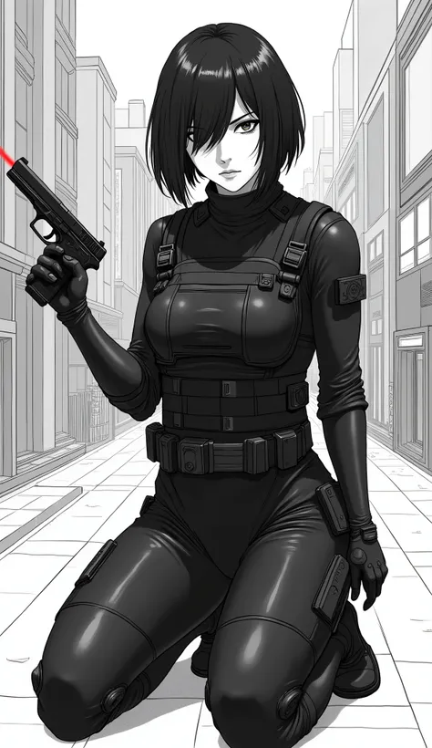 (masterpiece,Distinguished Quality,Mirror-like,Cinematic Experience,insanely detailed,absurdres),8k,wallpaper,,(Best illustrations:2.0),(One Woman:2.0),(Motoko Kusanagi:2.0),(Ghost in the Shell-style worldview:2.0),(Black tactical bodysuit:2.0),(Heavy blac...