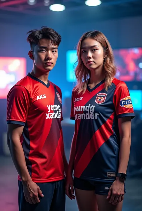 Create a picture man and woman like phootoshoot in the studio, facing forward, jersey e-sport, writer "young xander" in middle jersey