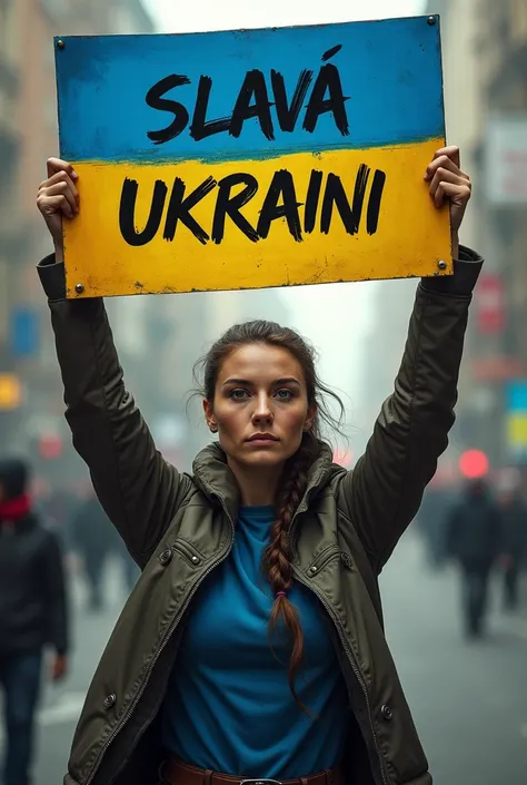 Ukrainian lady holding a sign above her head saying Slava Ukraini