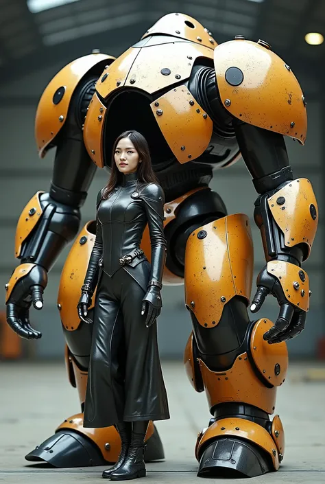 live-action、Real、A giant robot that looks like a fusion of a ladybug and armor、A sturdy human silhouette、Beautiful feathers、The chest is the cockpit.、The hatch opens to reveal a beautiful Japanese woman wearing leather armor aboard.、Hangar