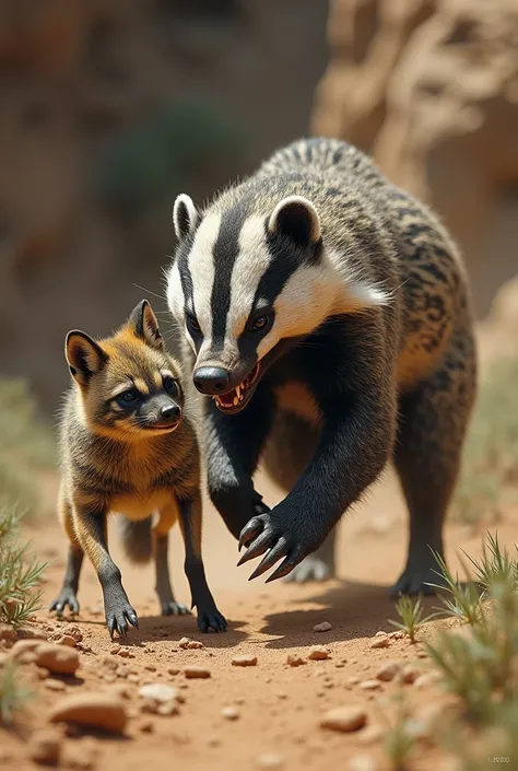 Badger aggressive attacks aardwolf with close up