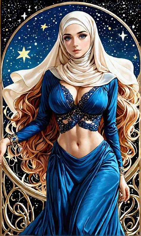 a sexy Malaysian woman (age 40, big breasts, big hips, athletic waist, midriff exposed, bare foot, hijab no hair showing matches outfit, long flowing hair with sparkling stars in it, over large eyes very bright and reflective, airy sheer blue dress with ma...