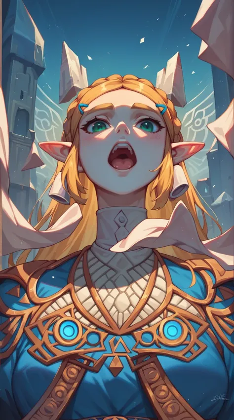 masterpiece, best quality, absurd res, maximum detail, intricate detail, extremely clear, (princess zelda, the legend of zelda: breath of the wild), (detailed background, hyrule castle),