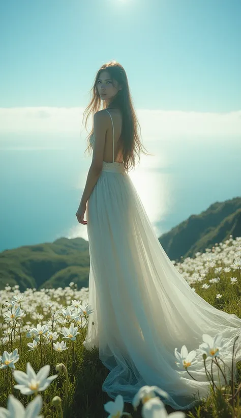 A beautiful woman standing lonely on a beautiful hill full of shining Phalaenopsis orchids　Long Hair　White Dress　whole body　Sea and Sky