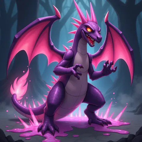 Creates a chilling purple and pink Poison-type Charizard with poisonous spikes on its tail and torso, anime style 