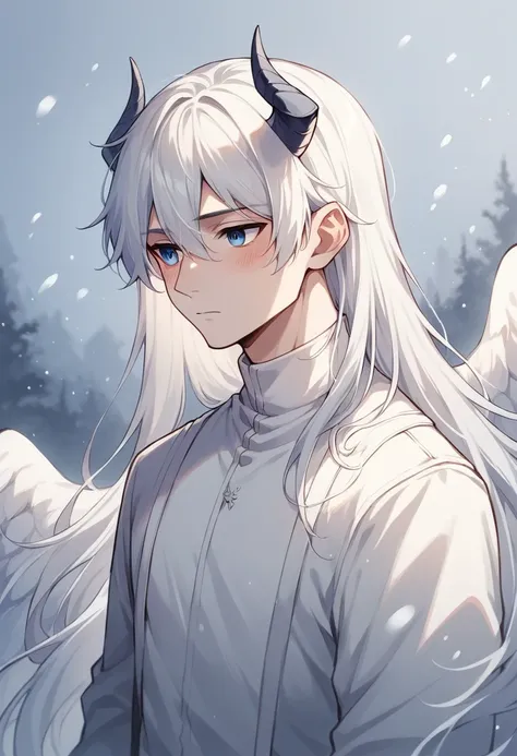 man, snowy field, horns, white hair, long hair, expressionless, blush, white clothes, blue eyes, white wings, side