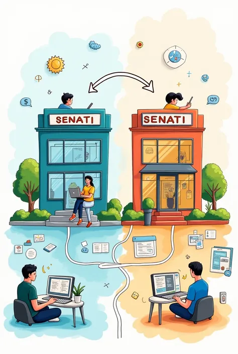 Create a simple drawing that represents learning and training tools in practical formation, focusing on the development of software in the context of SENATI and a company. The image should look like it was made in Paint, with a casual and simple style. Inc...