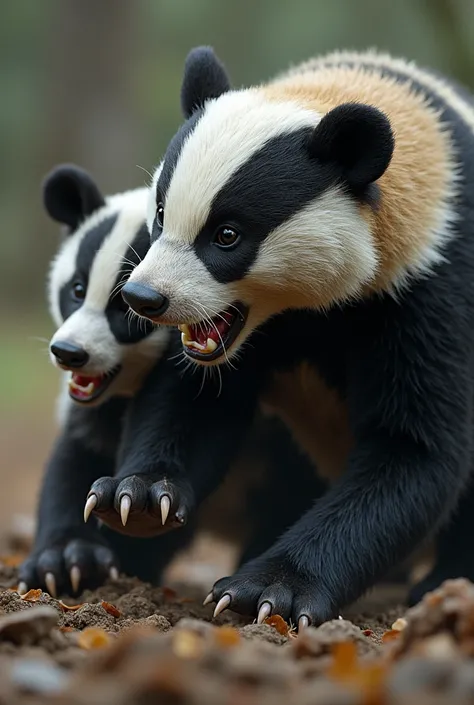 Badger aggressive attacks panda with close up